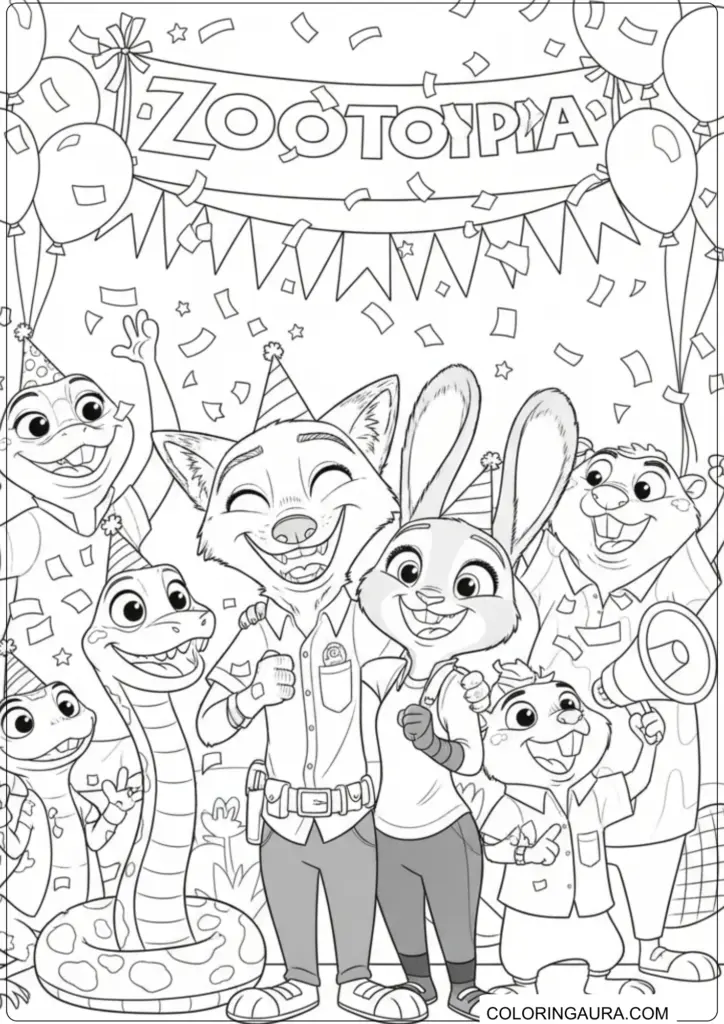 Happy Zootopia characters including Nick and Judy celebrating with balloons, confetti, and a banner.