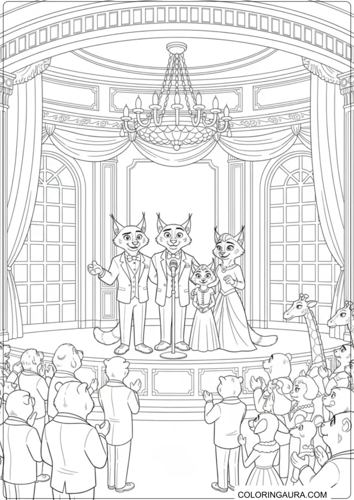 A lynx family in formal wear giving a speech on stage to a clapping audience.