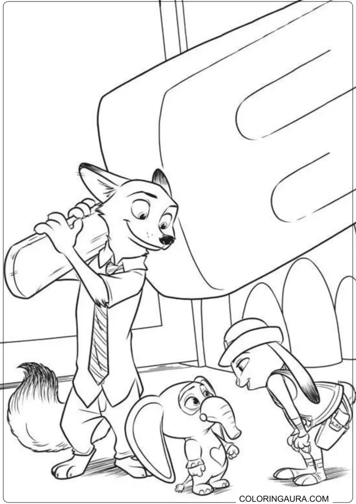 Zootopia coloring page featuring Nick Wilde carrying a giant Pawpsicle alongside Judy Hopps and Finnick.