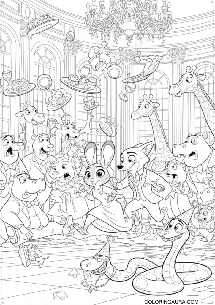 Nick Wilde and Judy Hopps running through a chaotic Zootopia wedding reception with flying food.