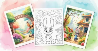 Zootopia 2 inspired coloring page featuring Judy Hopps outline and colorful scenes with Nick Wilde.