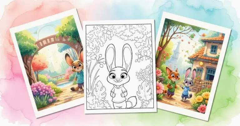 Zootopia 2 inspired coloring page featuring Judy Hopps outline and colorful scenes with Nick Wilde.