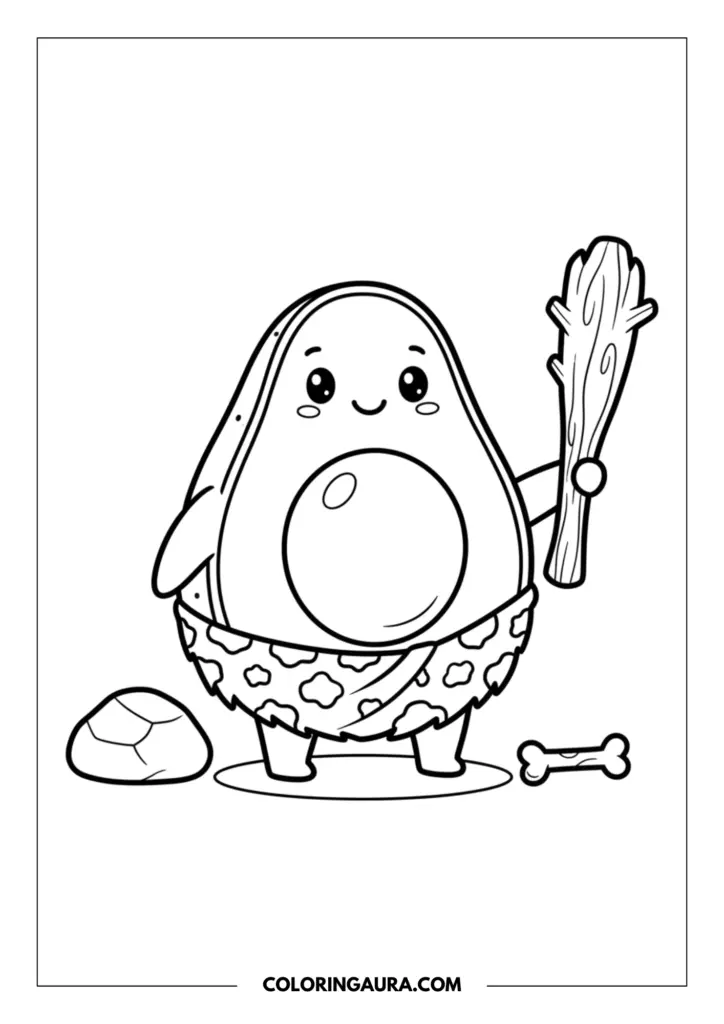 Line art coloring page showing a cute avocado character dressed as a caveman, wearing a spotted animal-print loincloth and holding a large wooden club, with a stone and bone on the ground.