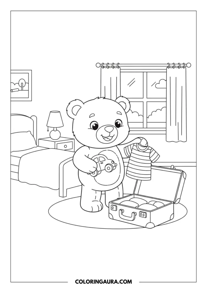 Line art coloring page showing a cute teddy bear in a bedroom packing a suitcase with a striped shirt and holding a toy car.