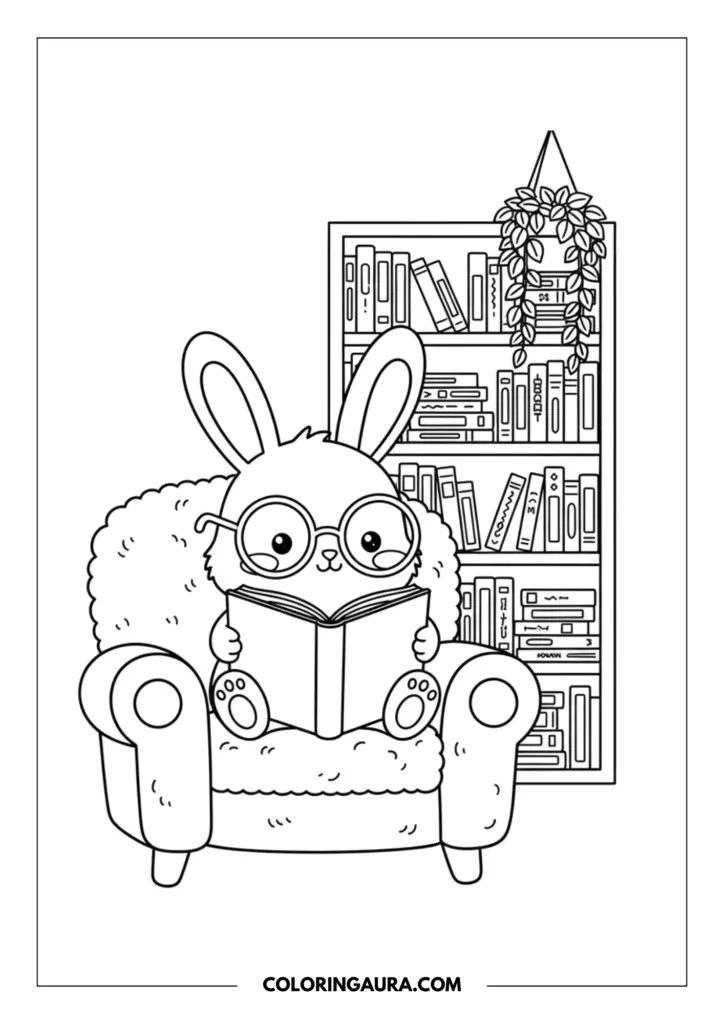 Line art coloring page showing a cute bunny wearing round glasses sitting in a cozy armchair reading a book next to a tall bookshelf.