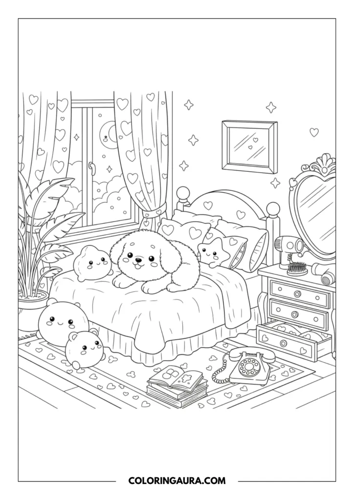 Line art coloring page showing a puppy sitting on a bed filled with star and cloud-shaped pillows. The dreamy bedroom features a window looking out at a crescent moon and stars, a vintage vanity table with a mirror, and an old-fashioned rotary phone resting on the floor rug.