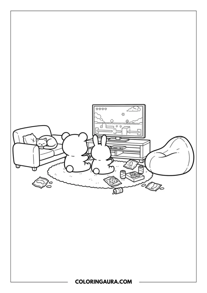 Line art coloring page showing a cute bear and rabbit sitting on a rug playing video games on a large TV, surrounded by snacks, a bean bag, and a cat sleeping on the sofa behind them.