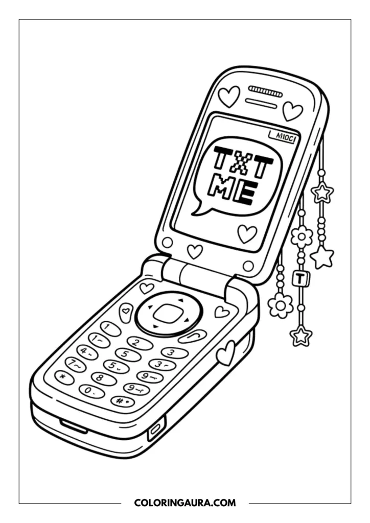 Line art coloring page showing an open 2000s flip phone with a screen displaying "TXT ME" in pixel text, decorated with hanging beaded charms featuring stars and flowers.