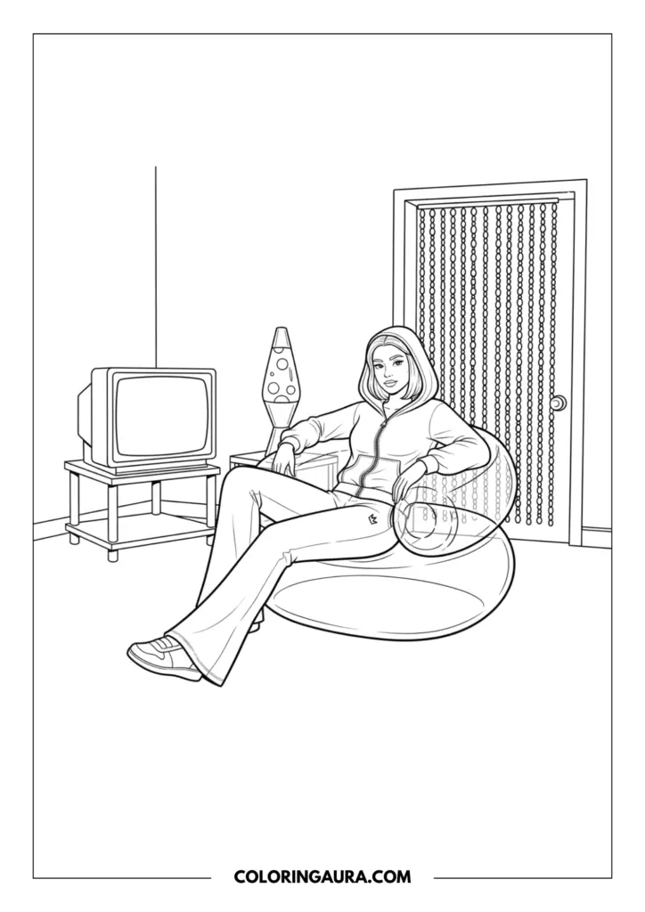 Line art coloring page showing a girl in a hooded velour tracksuit sitting comfortably in a transparent inflatable chair. The nostalgic scene includes a retro box television, a glowing lava lamp, and a beaded curtain doorway.