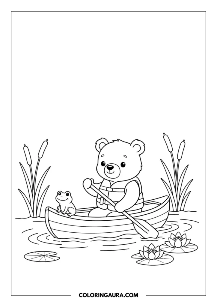 Line art coloring page showing a cute teddy bear wearing a life vest rowing a canoe on a river, with a frog passenger and cattails nearby.