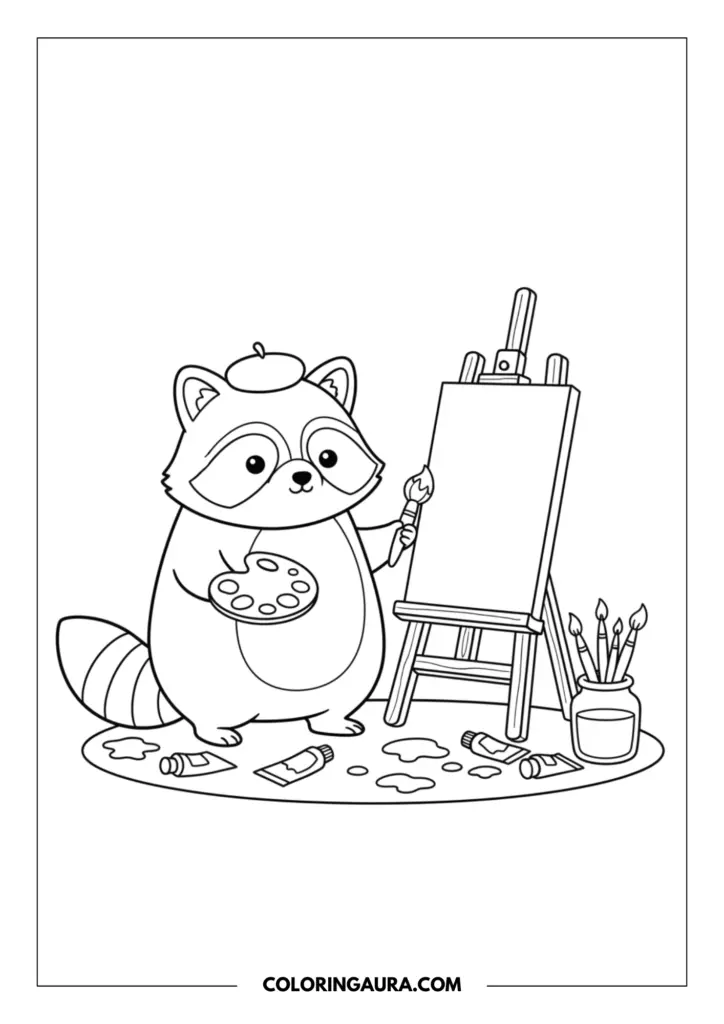 Line art coloring page showing a creative raccoon wearing a beret holding a paint palette and brush standing next to an easel and canvas.
