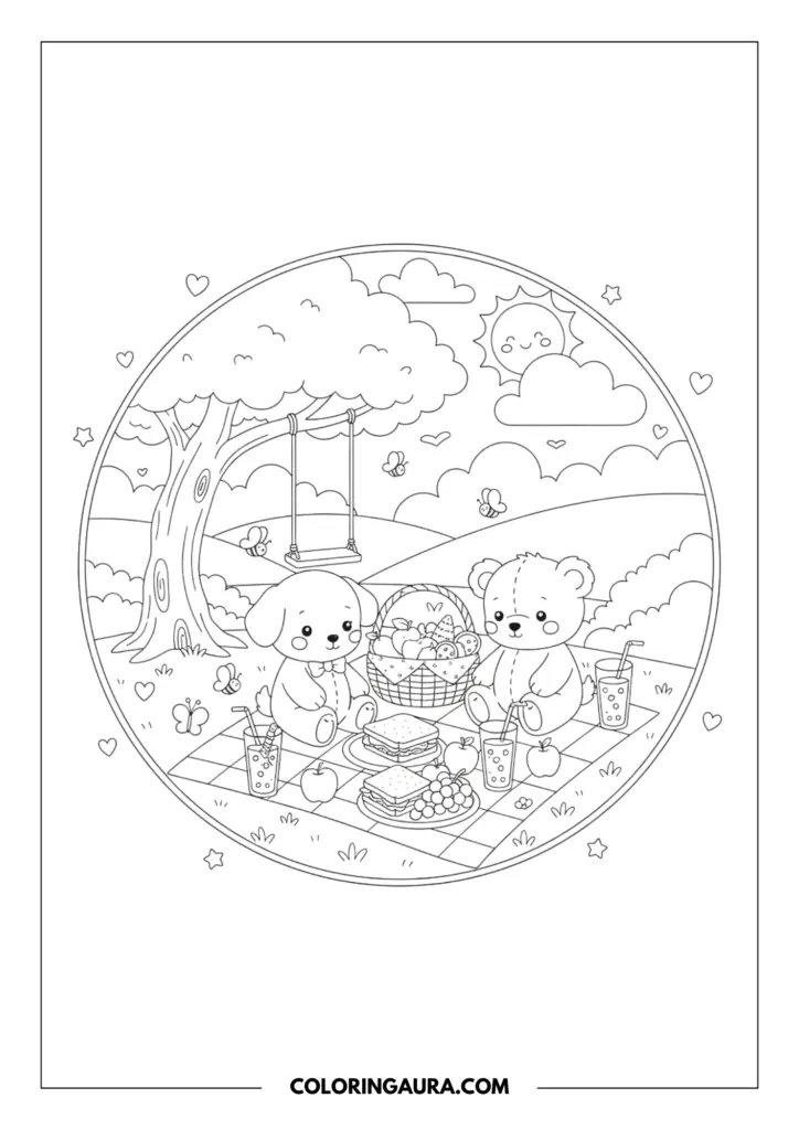 Line art coloring page showing a puppy and a teddy bear having a picnic under a large tree with a swing. The circular scene features a basket of fruit, sandwiches, and juice on a checkered blanket, surrounded by buzzing bees, butterflies, and a smiling sun.