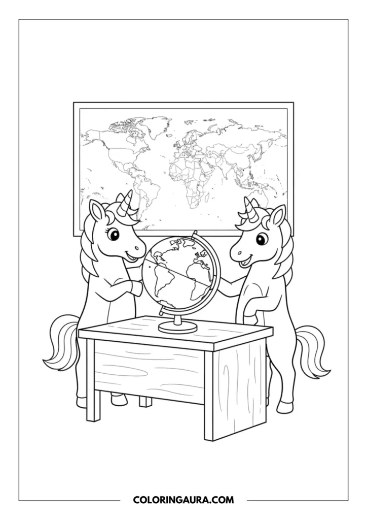 Line art coloring page showing two curious unicorns studying geography in a classroom. They are standing at a desk touching a spinning globe, with a large detailed world map hanging on the wall behind them.