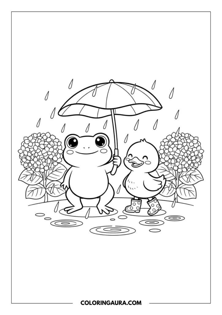Line art coloring page showing a happy frog holding an umbrella over a duckling wearing rain boots, surrounded by falling rain and blooming hydrangea flowers.