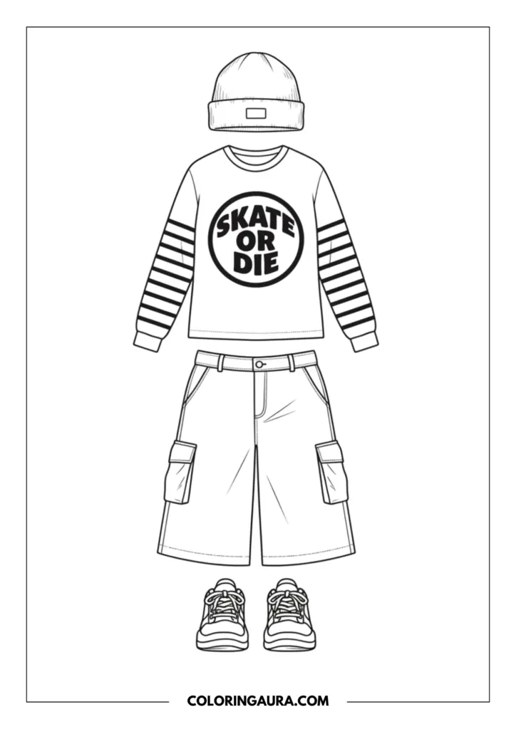 Line art coloring page showing a skater outfit layout with a beanie, baggy cargo shorts, sneakers, and a layered shirt that says "SKATE OR DIE".