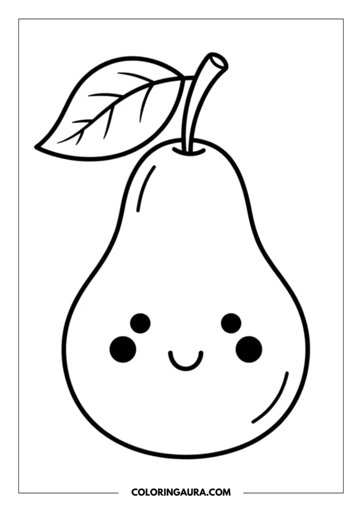 Line art coloring page showing a plump pear with a single leaf, rosy cheeks, and a happy smiling face.