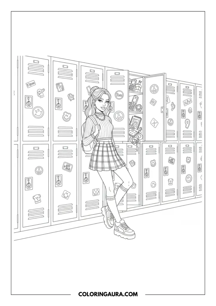 Outline of a girl in a plaid skirt and knee-high socks standing by a row of school lockers. An open locker displays a retro flip phone, a Tamagotchi, and a fuzzy notebook.