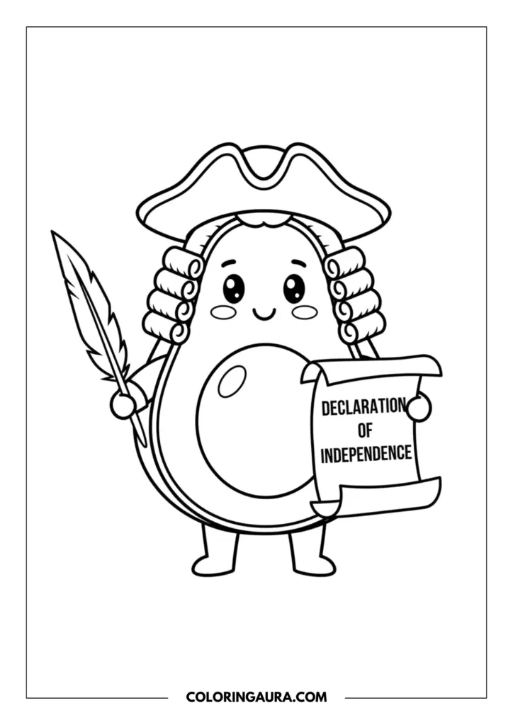 Line art coloring page showing a cute avocado dressed as a Founding Father, wearing a powdered wig and tricorn hat, holding a quill and the Declaration of Independence.