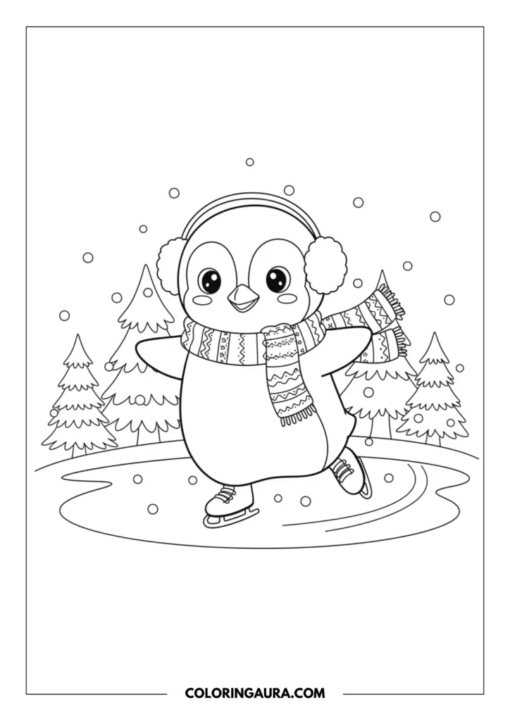 Line art coloring page showing a cute penguin wearing earmuffs and a scarf skating on a frozen pond surrounded by snowy pine trees.