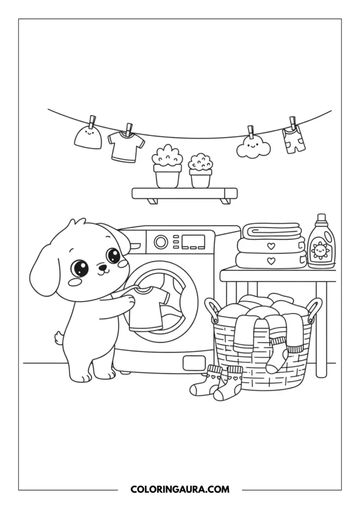 Line art coloring page showing a helpful puppy doing laundry next to a washing machine. The scene includes a wicker basket overflowing with clothes, a bottle of detergent, and a clothesline hanging above with drying t-shirts and happy clouds.