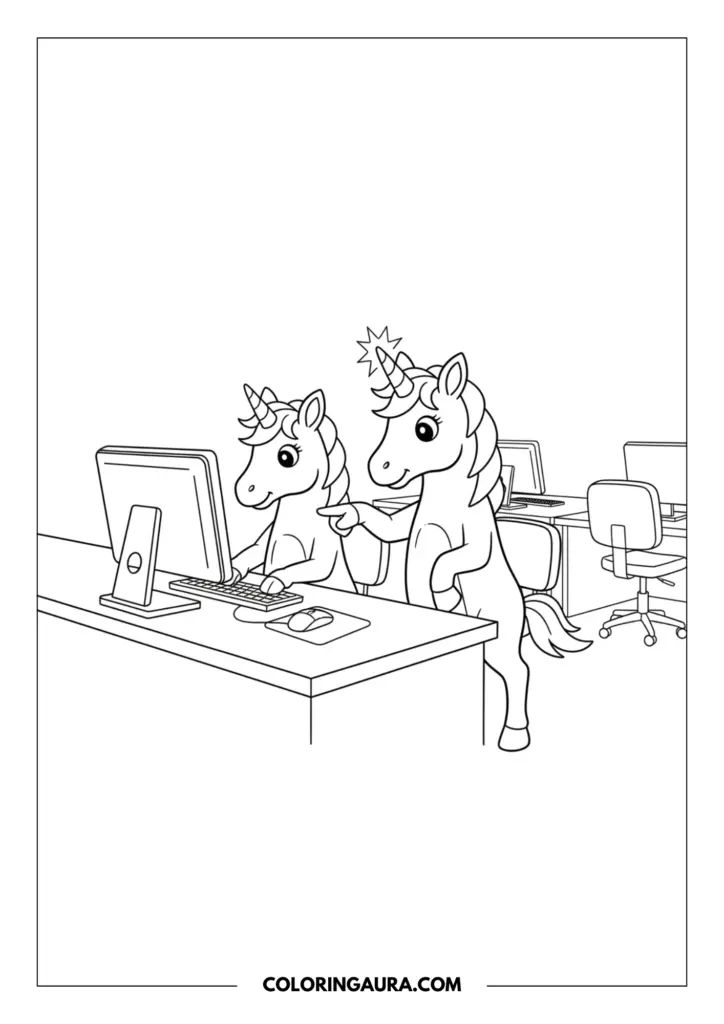 Line art coloring page showing two smart unicorns working together at a desktop computer. One unicorn types on the keyboard while the other points excitedly at the screen, with a spark symbol indicating a bright idea.