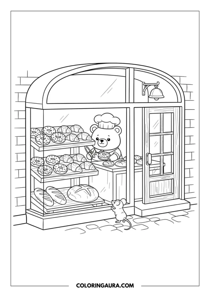 Line art coloring page showing a bear baker wearing a chef's hat arranging donuts and bread in a shop window while a little mouse watches from the street.