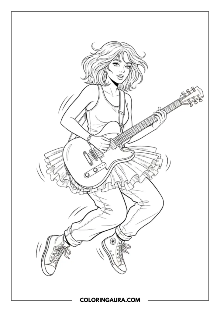 Line art coloring page showing a pop punk girl jumping in the air playing an electric guitar, wearing a tutu skirt over jeans and sneakers.