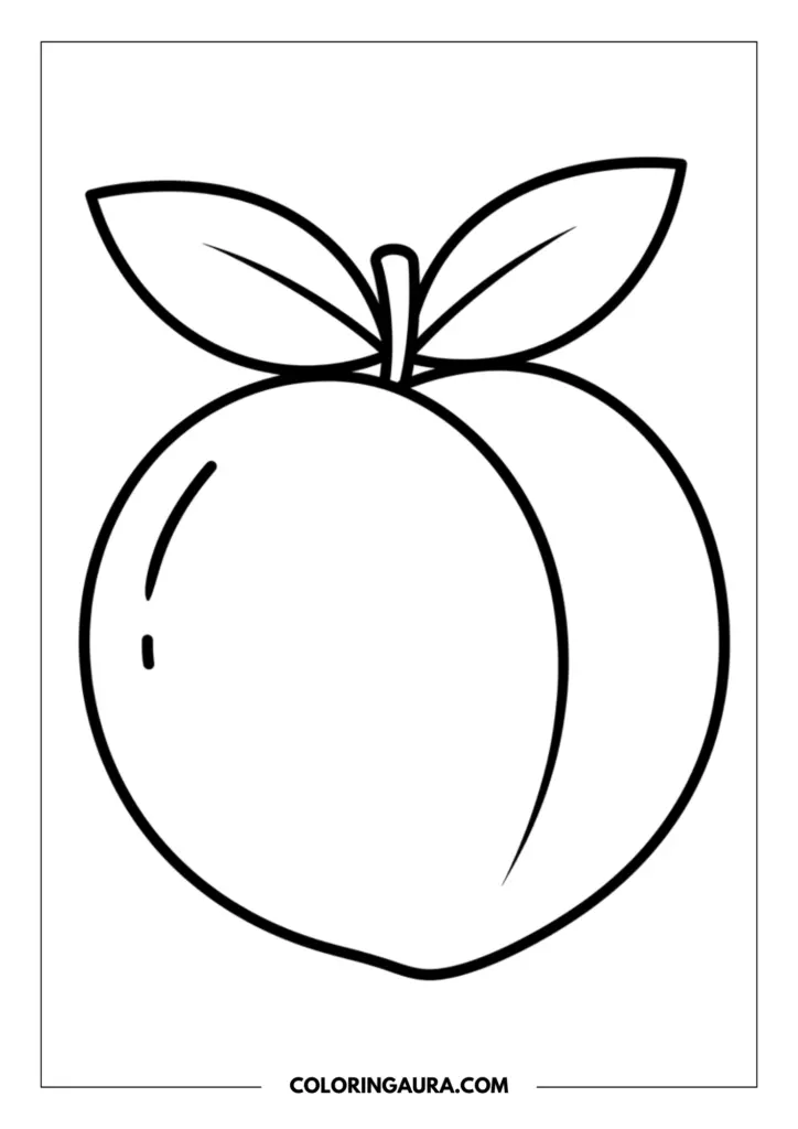 Outline of a round peach fruit featuring two leaves attached to the stem and a simple curved line detail.