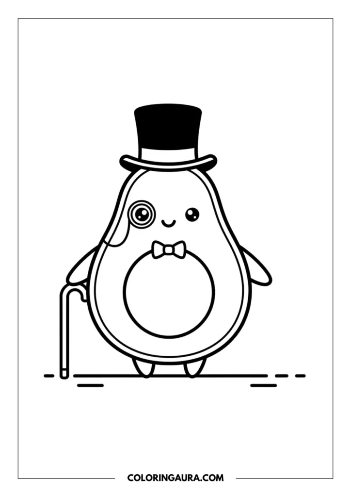 Line art coloring page showing a cute avocado dressed as a fancy gentleman, wearing a tall top hat, bow tie, and monocle while holding a walking cane.