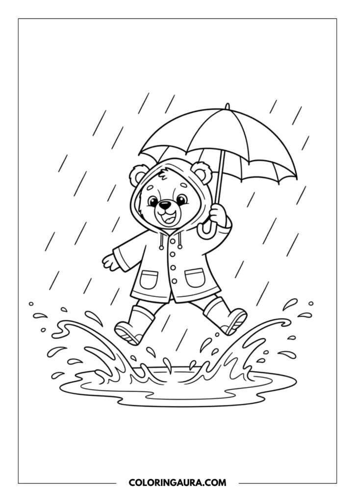 Line art coloring page showing a happy teddy bear wearing a raincoat and boots, holding an umbrella while jumping and splashing in a rain puddle.
