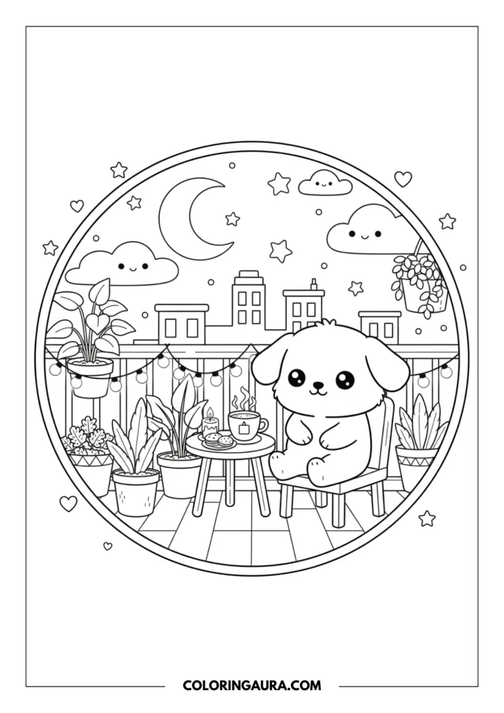 Line art coloring page showing a puppy relaxing on a balcony chair within a circular frame. The peaceful night scene features a city skyline, a crescent moon and stars, string lights, potted plants, and a warm cup of tea on a small table.