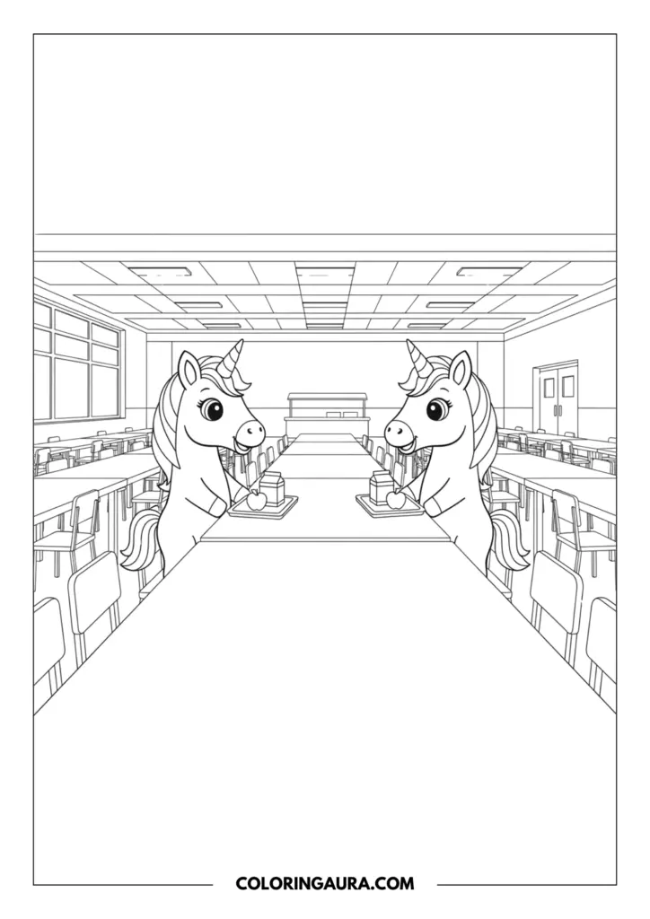 Line art coloring page showing two hungry unicorns holding lunch trays with apples and milk in a spacious school cafeteria. They are standing near long rows of tables and chairs, ready to enjoy their break together.