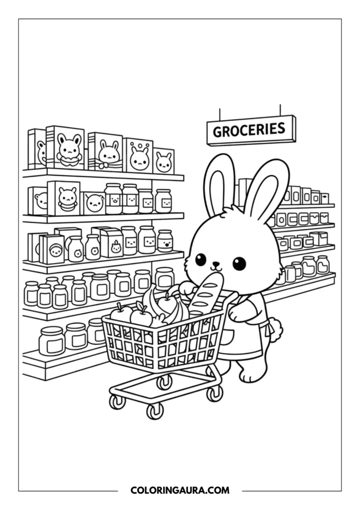 Line art coloring page showing an adorable rabbit pushing a shopping cart full of fruit and bread through a grocery store aisle lined with shelves of products.