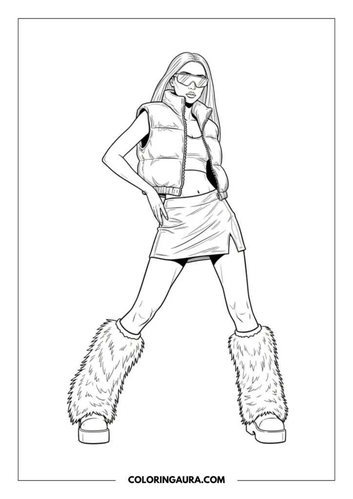 Line art coloring page showing a stylish girl standing confidently wearing a puffer vest, mini skirt, futuristic sunglasses, and furry leg warmers.