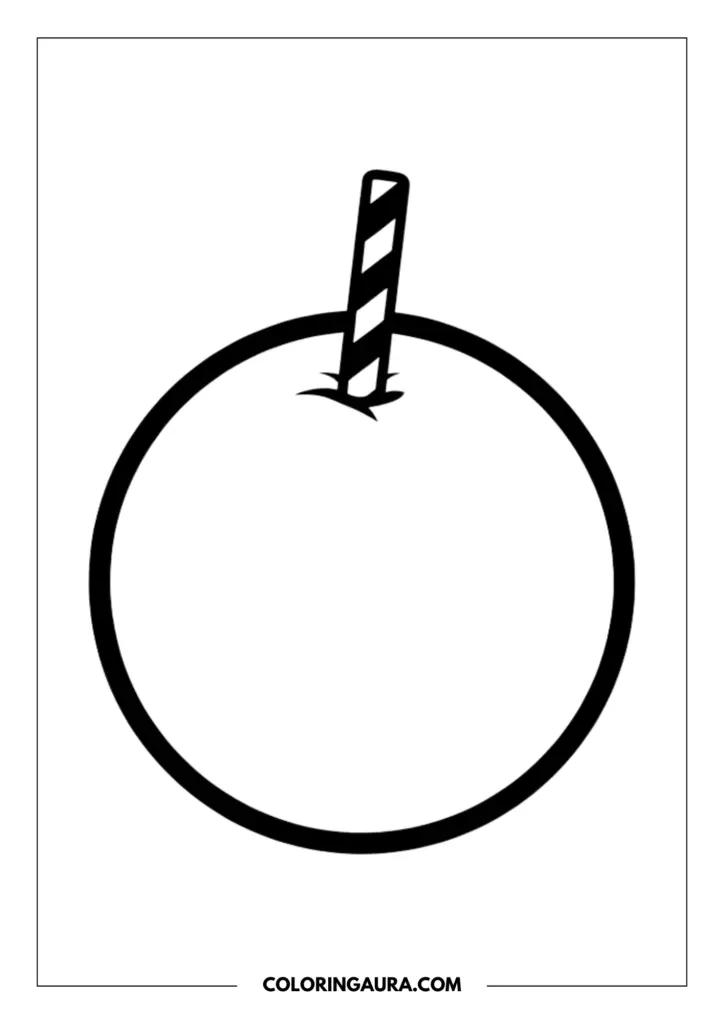 Line art coloring page showing a round orange fruit with a striped drinking straw inserted directly into the top.