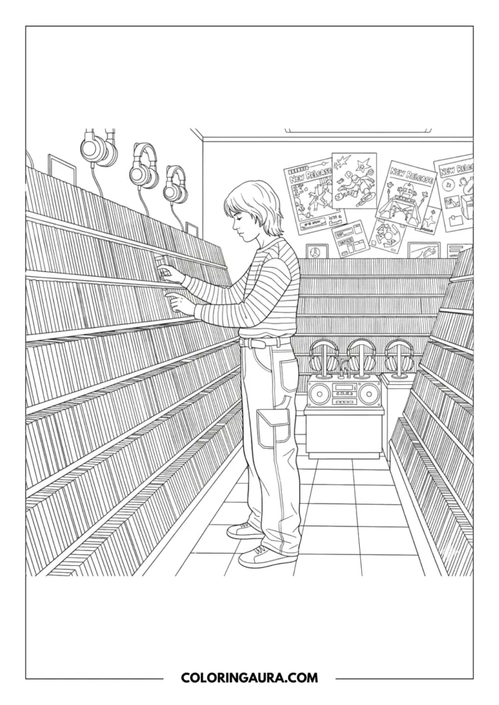 Line art coloring page showing a boy in a striped shirt and carpenter jeans browsing through rows of CDs in a music shop. The walls are filled with posters and listening station headphones.