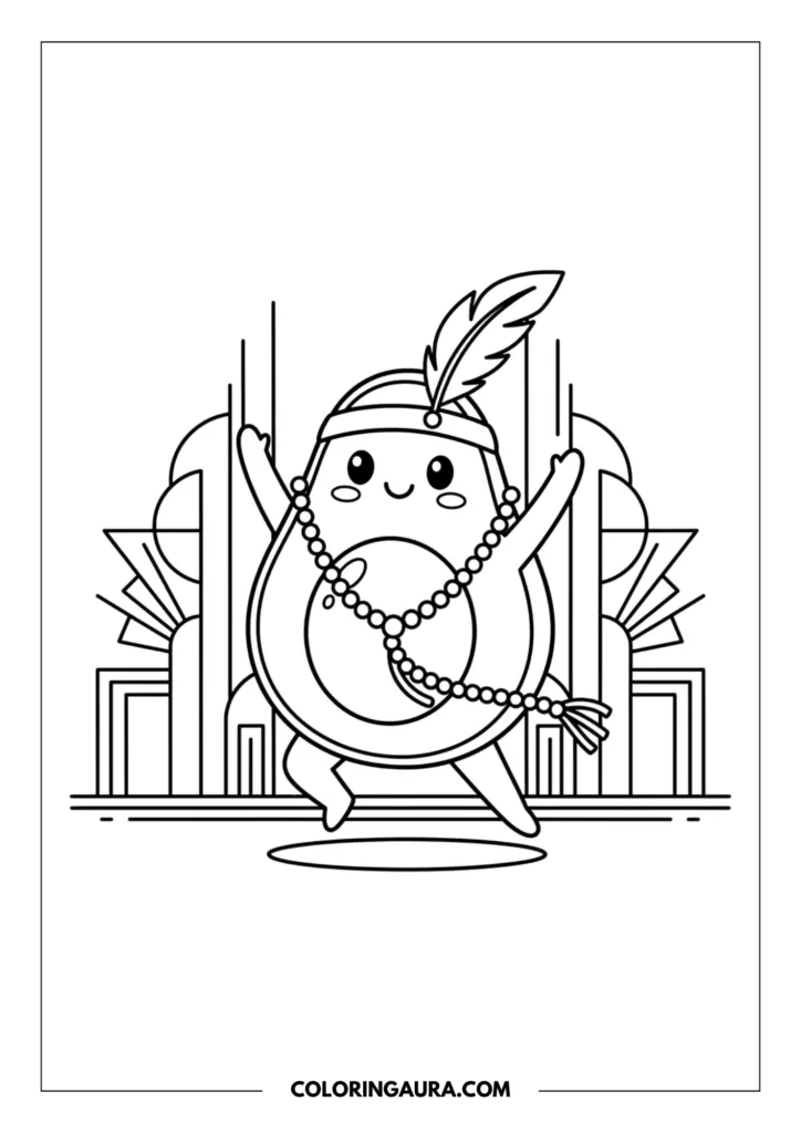 Line art coloring page showing a cute avocado dressed as a 1920s flapper, wearing a feathered headband and long pearl necklace, dancing in front of an Art Deco background.