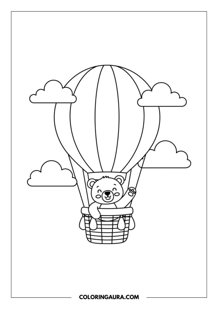 Line art coloring page showing a cute teddy bear riding in a striped hot air balloon basket, waving a paw while floating among fluffy clouds in the sky.