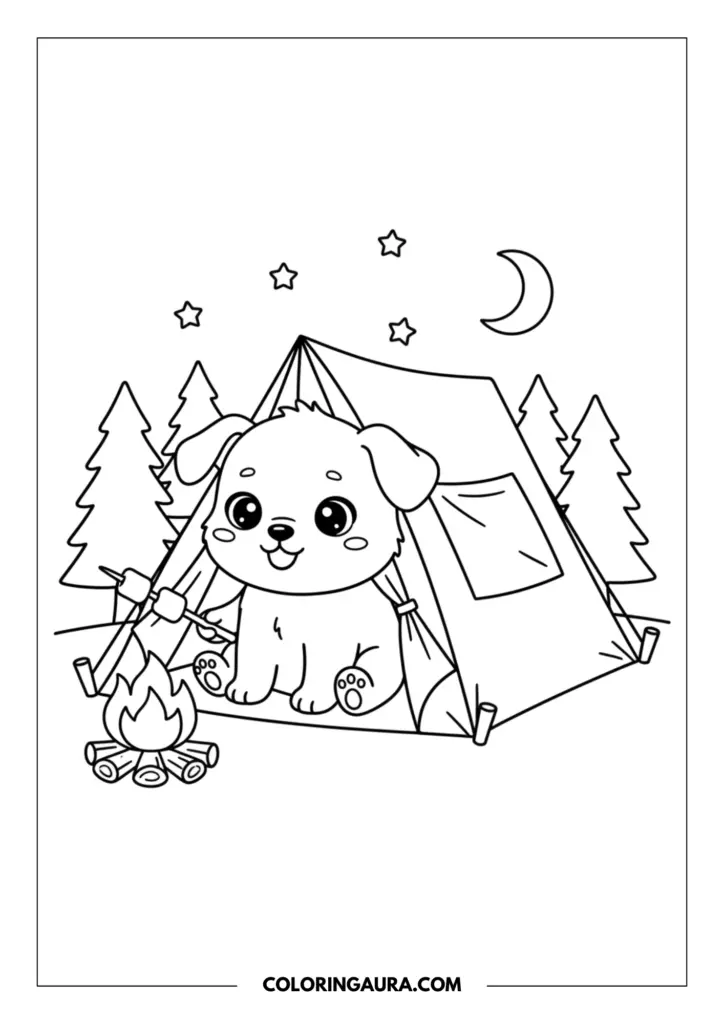 Line art coloring page showing a happy puppy sitting inside a tent roasting marshmallows over a campfire under a starry night sky and crescent moon.