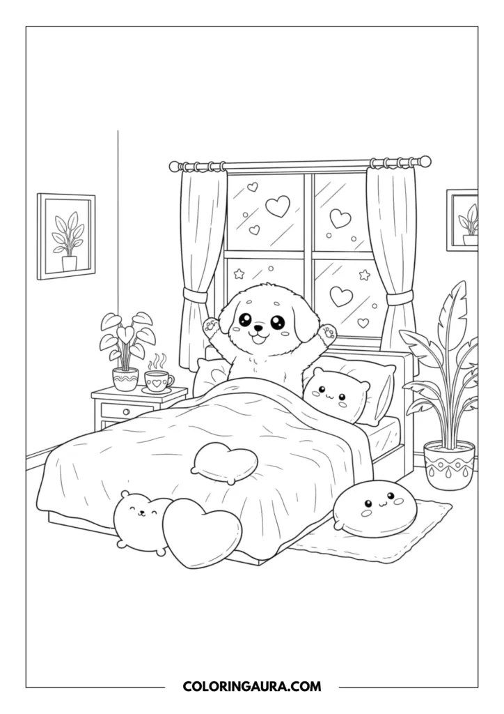 Line art coloring page showing a happy puppy stretching in bed, waking up to a new day. The cozy bedroom features a window with star patterns, several potted plants, and soft kawaii pillows shaped like hearts and faces on the duvet.