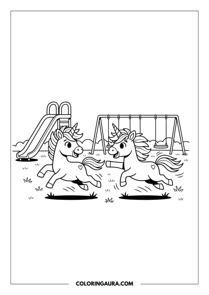 Line art coloring page showing two happy unicorns running and playing tag in a park. The background features a playground with a slide and a swing set, set on a grassy field.