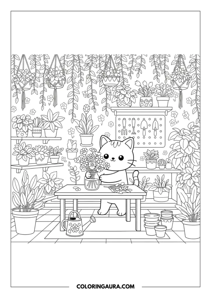Line art coloring page showing a gardening cat arranging flowers in a vase on a table, inside a room filled with hanging plants, potted succulents, and gardening tools.