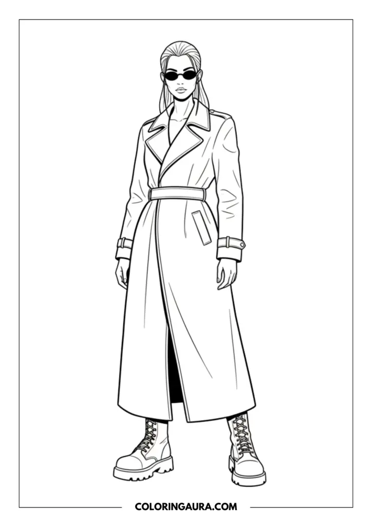Line art coloring page showing a cool character wearing a long floor-length trench coat, tiny oval sunglasses, and chunky combat boots.