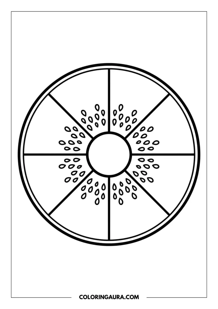 Line art coloring page showing a circular kiwi slice with a central core and radiating seed patterns.