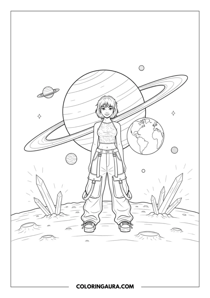 Line art coloring page showing a girl in a halter top and baggy cargo pants with straps standing on a rocky planetary surface. The background features a large ringed Saturn, Earth, floating stars, and glowing crystals.