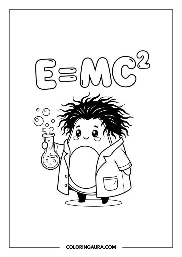 Line art coloring page showing a cute avocado dressed as a scientist with wild hair, wearing a lab coat and holding a bubbling flask under the equation E=MC².