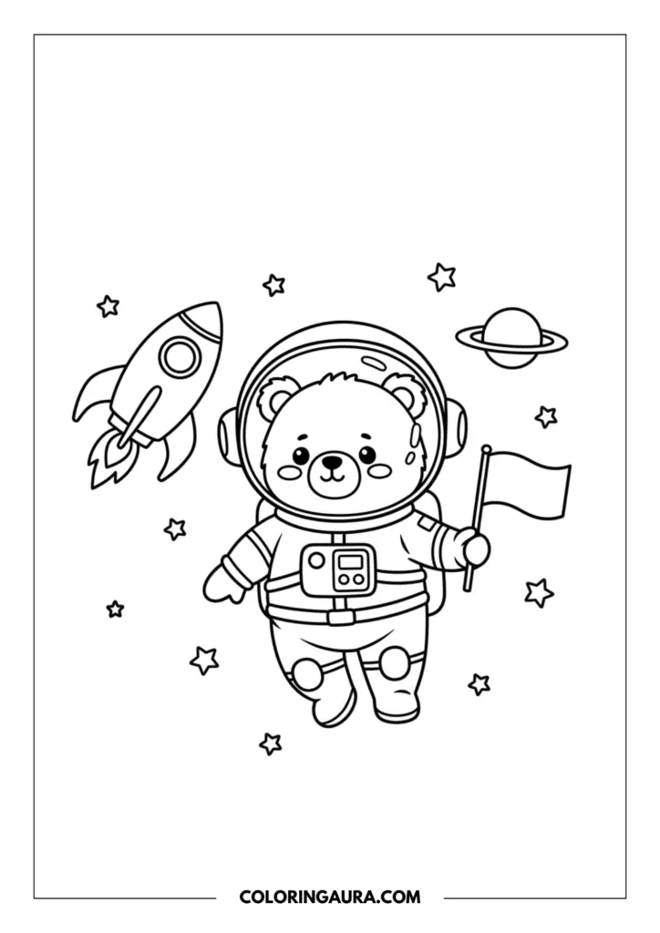 Line art coloring page showing a cute teddy bear astronaut floating in space wearing a helmet and holding a flag, surrounded by a rocket ship, a ringed planet, and stars.