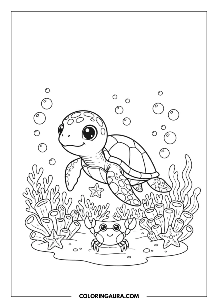 Line art coloring page showing a cute baby sea turtle swimming underwater above a coral reef with a friendly crab and starfish.