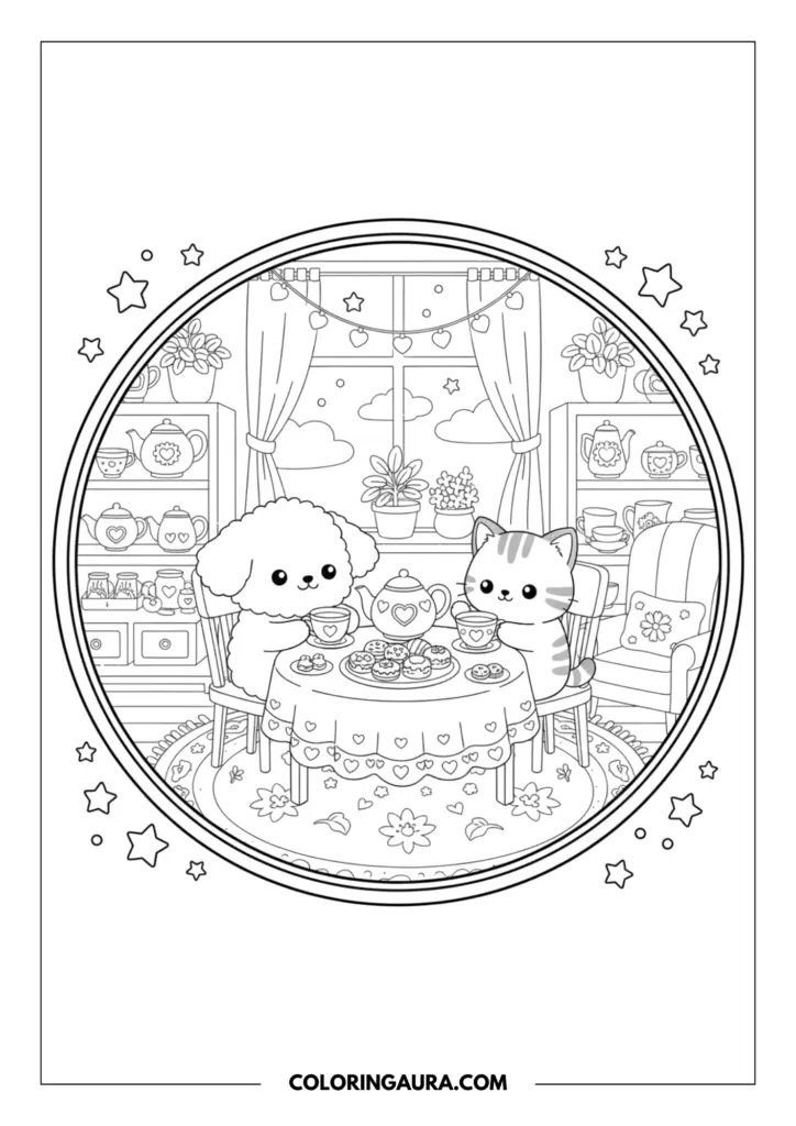 Line art coloring page showing a puppy and kitten sharing a delightful tea party with cake and pastries at a round table. The circular scene features shelves displaying vintage teapots and a cozy window with draped curtains.
