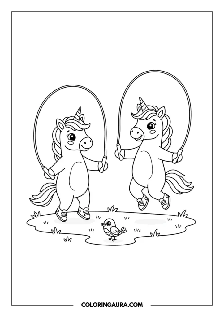 Line art coloring page showing two energetic unicorns jumping rope together outdoors. A cute little bird watches them from the ground, surrounded by grass tufts and simple clouds.